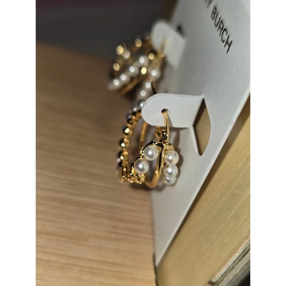 Tory Burch Kira 18K-Gold-Plated & Imitation Pearl Triple Hoop Earrings - NWOT - Picture 2 of 7